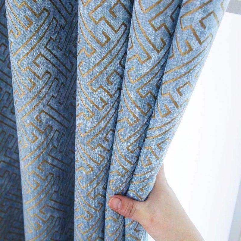 MYRU 2 Panels Set Pair Chenille Curtains Semi-Blackout Geometric Modern Curtains for Living Room Bedroom (2 x 52 x 96 Inch,Blue and Gold) - Image 1